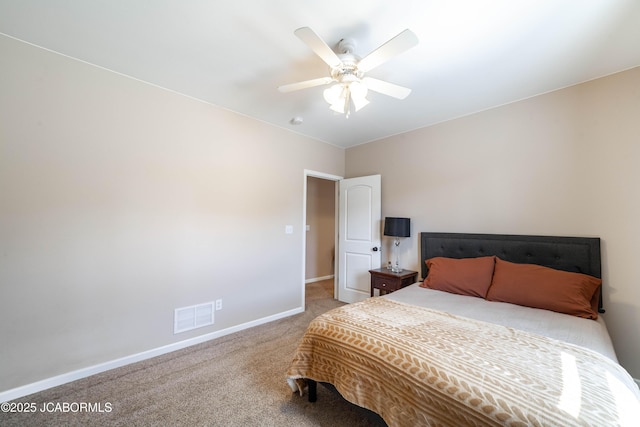 bedroom with a ceiling fan, baseboards, visible vents, and carpet floors