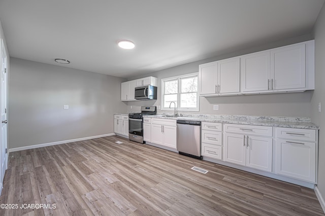 115 Middle St, Moberly, MO 65270 - kitchen featuring stainless steel appliances, light wood finished floors, white cabinetry, baseboards, and a sink