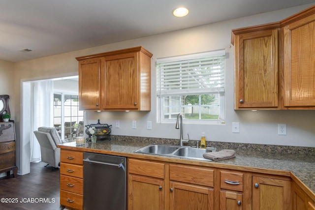 180 Venus St, Holts Summit, MO 65043 - kitchen featuring a sink, dishwasher, brown cabinetry, dark wood-style flooring, and recessed lighting