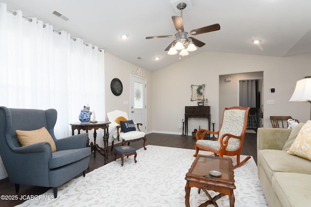 180 Venus St, Holts Summit, MO 65043 - living room featuring lofted ceiling, dark wood-type flooring, ceiling fan, baseboards, and recessed lighting