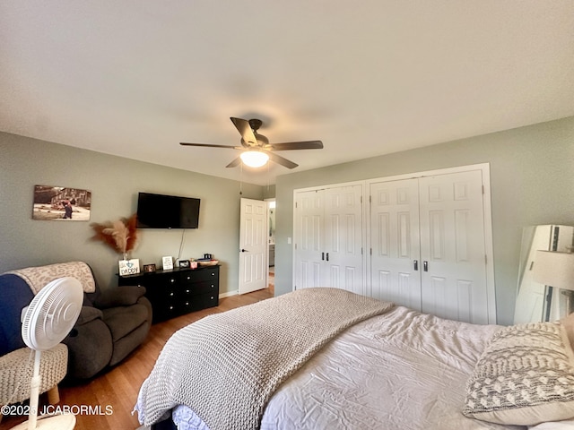 405 Lorene St, California, MO 65018 - bedroom featuring two closets, wood finished floors, and a ceiling fan