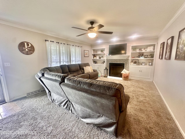 405 Lorene St, California, MO 65018 - living room featuring a ceiling fan, a brick fireplace, ornamental molding, and built in features