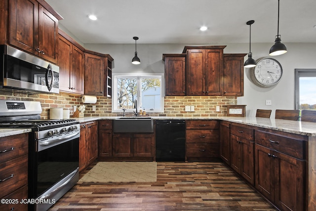 140 County Road 412, Fayette, MO 65248 - kitchen featuring appliances with stainless steel finishes, dark wood-style floors, a peninsula, decorative backsplash, and light stone countertops