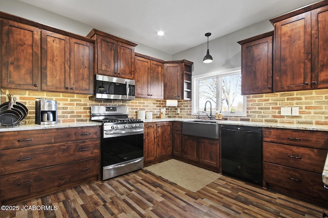 140 County Road 412, Fayette, MO 65248 - kitchen featuring stainless steel appliances, open shelves, tasteful backsplash, dark wood finished floors, and a sink