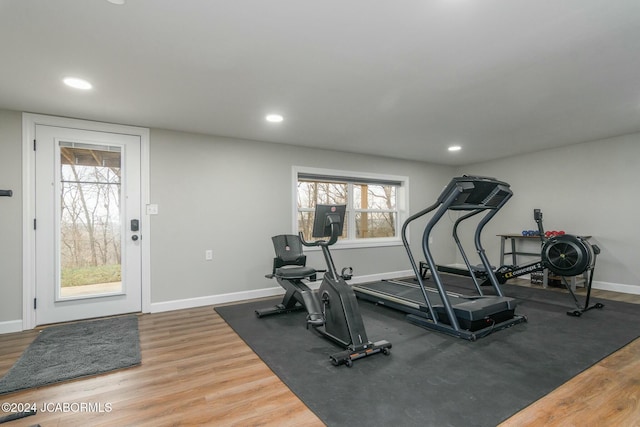 workout room with hardwood / wood-style floors and a healthy amount of sunlight