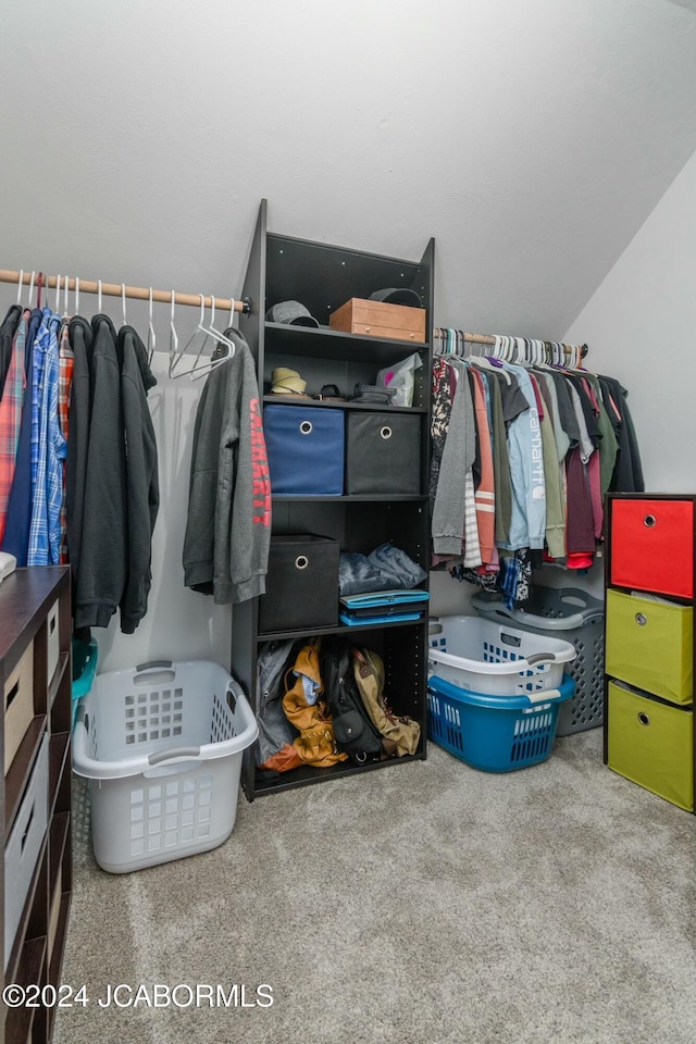 walk in closet with carpet flooring