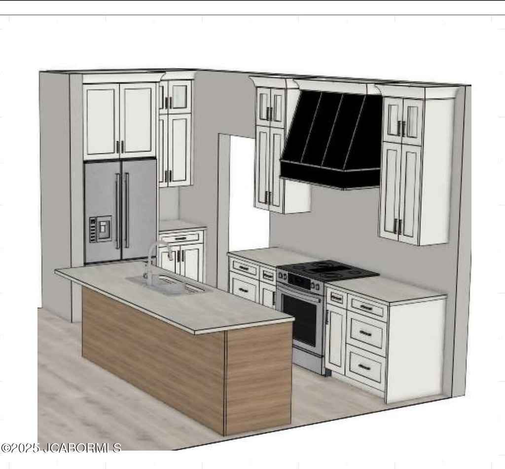 469 Bandon Dunes Ct, Columbia, MO 65201 - kitchen featuring stainless steel appliances, extractor fan, a sink, light wood finished floors, and light countertops