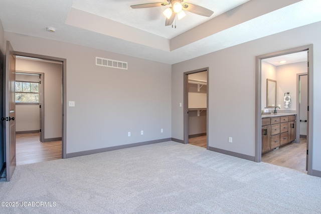 carpeted bedroom with ensuite bathroom, a tray ceiling, sink, and a spacious closet