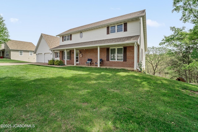 1548 Skyview, Holts Summit, MO 65043 - traditional-style house featuring a front lawn, brick siding, a garage, covered porch, and concrete driveway