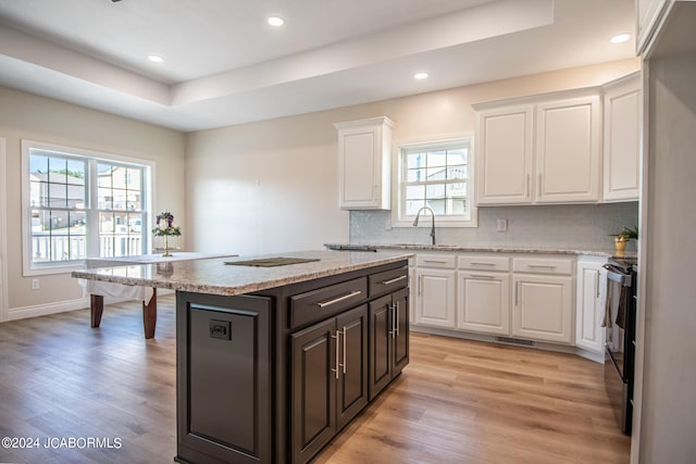 kitchen with a center island, white cabinets, a raised ceiling, electric stove, and decorative backsplash