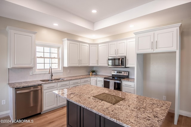 kitchen with white cabinetry, decorative backsplash, appliances with stainless steel finishes, and a sink