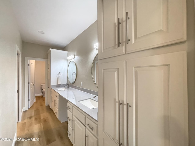 full bathroom featuring double vanity, wood finished floors, toilet, and a sink