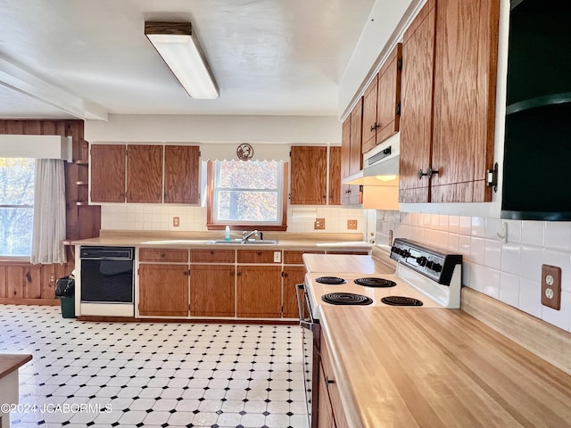 kitchen featuring white range with electric cooktop, sink, black dishwasher, and tasteful backsplash