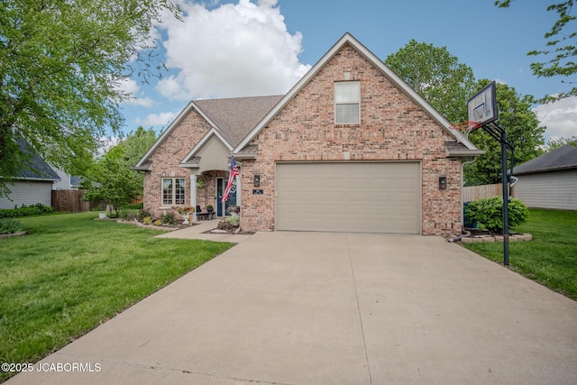 view of front of property with brick siding, fence, driveway, and a front lawn