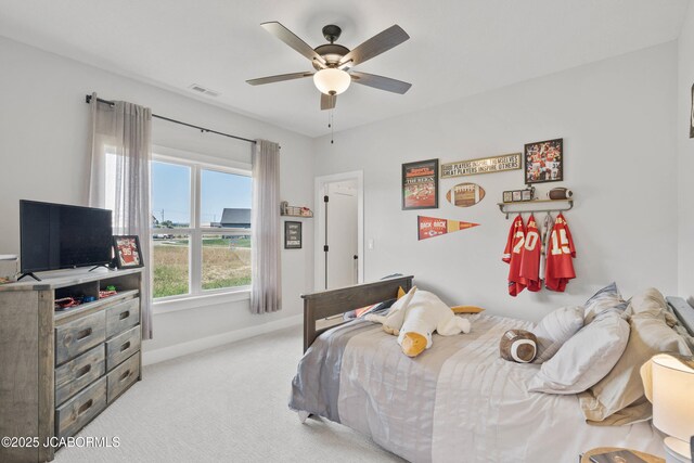 15005 Wrangle Ln, Ashland, MO 65010 - bedroom featuring visible vents, light colored carpet, a ceiling fan, and baseboards