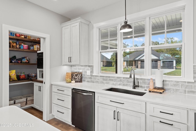 15005 Wrangle Ln, Ashland, MO 65010 - kitchen featuring a sink, backsplash, light countertops, white cabinets, and stainless steel dishwasher