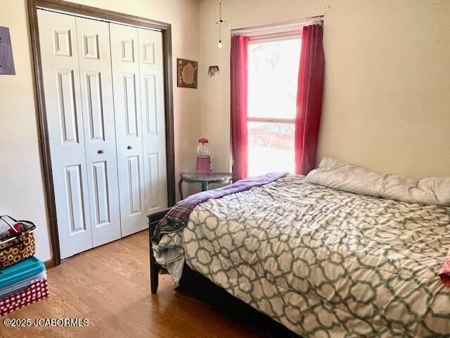 bedroom featuring light hardwood / wood-style floors and a closet