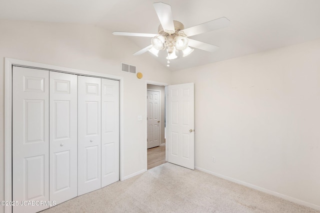 31500 Skyline Dr, California, MO 65018 - unfurnished bedroom with vaulted ceiling, carpet, a closet, and ceiling fan