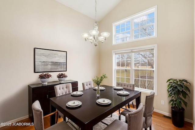 31500 Skyline Dr, California, MO 65018 - dining space with a chandelier, light wood-style flooring, and high vaulted ceiling