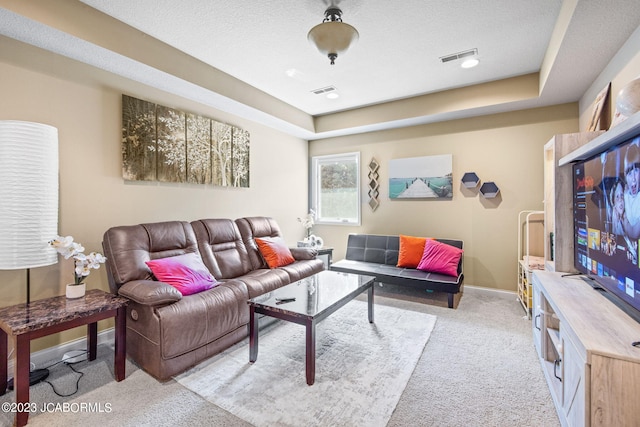 living room with a textured ceiling, a raised ceiling, and light carpet