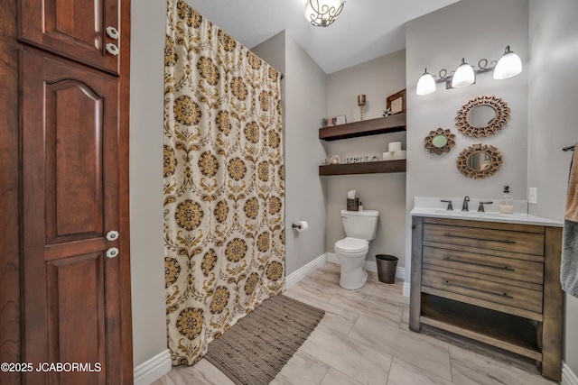 1503 State Highway Z, Centertown, MO 65023 - bathroom featuring toilet, marble look tiles, baseboards, vanity, and a shower with curtain
