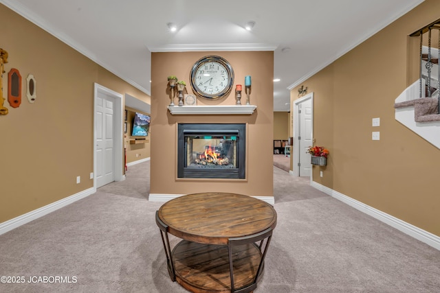 1503 State Highway Z, Centertown, MO 65023 - living area with carpet floors, a multi sided fireplace, baseboards, recessed lighting, and crown molding