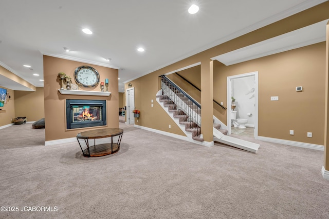 1503 State Highway Z, Centertown, MO 65023 - living area with crown molding, carpet flooring, stairway, a multi sided fireplace, and baseboards