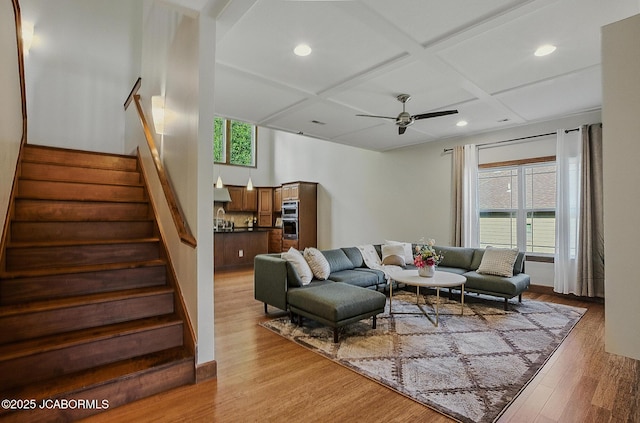 5004 Bates Creek Ct, Columbia, MO 65201 - living room with coffered ceiling, ceiling fan, light wood-type flooring, stairway, and recessed lighting