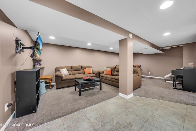 2213 Tanner Bridge Rd, Jefferson City, MO 65101 - carpeted living room with tile patterned floors and recessed lighting