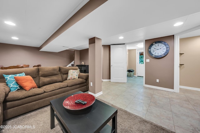 2213 Tanner Bridge Rd, Jefferson City, MO 65101 - living area featuring recessed lighting, light tile patterned flooring, and stairway