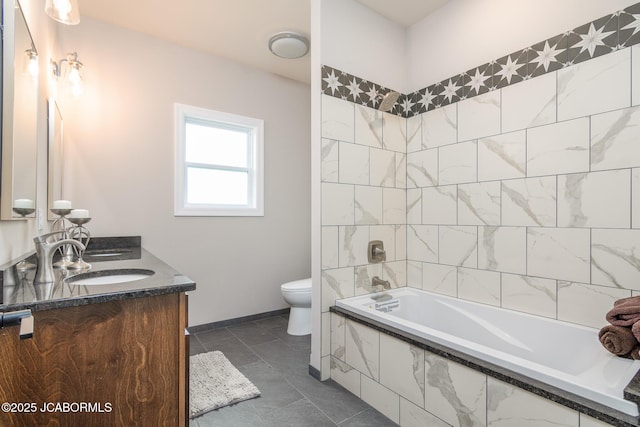 full bath featuring shower / washtub combination, toilet, baseboards, and vanity