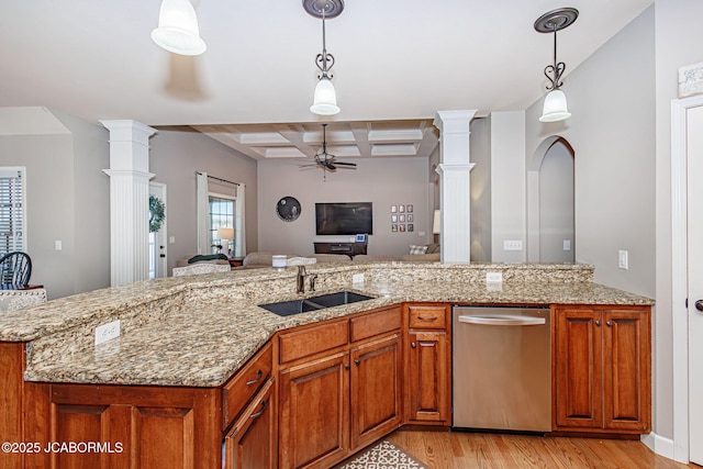 6002 Sterling Ridge Rd, Jefferson City, MO 65101 - kitchen with dishwasher, a sink, ceiling fan, brown cabinets, and coffered ceiling