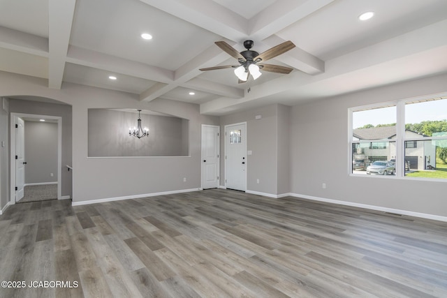 5705 Summerfield Ct, Jefferson City, MO 65109 - unfurnished living room featuring coffered ceiling, ceiling fan, recessed lighting, beam ceiling, and wood finished floors