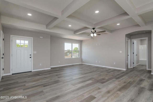 5705 Summerfield Ct, Jefferson City, MO 65109 - foyer entrance with coffered ceiling, ceiling fan, recessed lighting, wood finished floors, and beamed ceiling