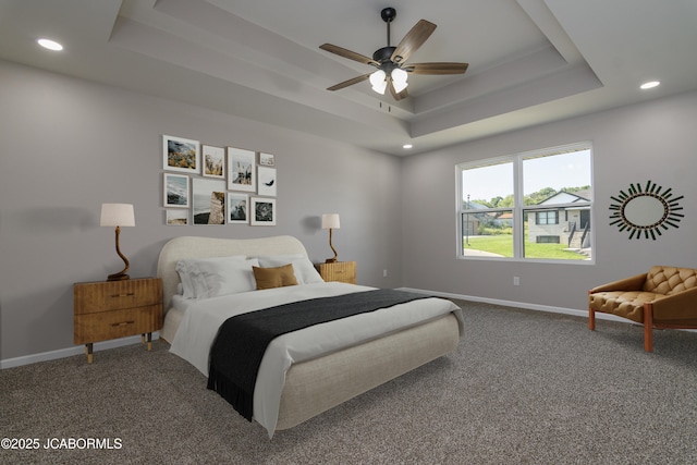 5705 Summerfield Ct, Jefferson City, MO 65109 - bedroom featuring a raised ceiling, recessed lighting, carpet floors, and a ceiling fan