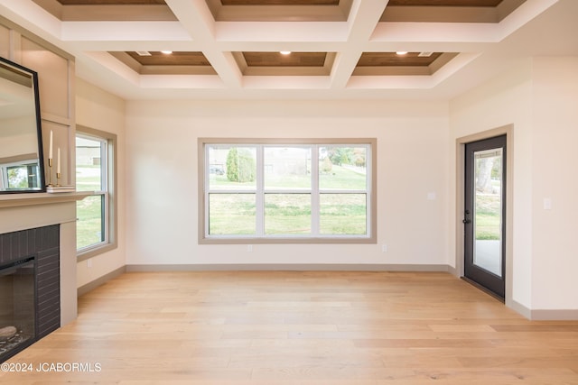 5607 Birch Creek Ln, Jefferson City, MO 65101 - unfurnished living room with plenty of natural light, a fireplace, light wood finished floors, coffered ceiling, and beam ceiling