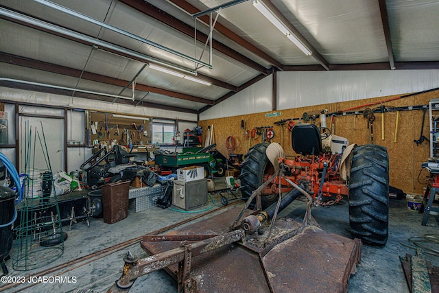 garage with a workshop area