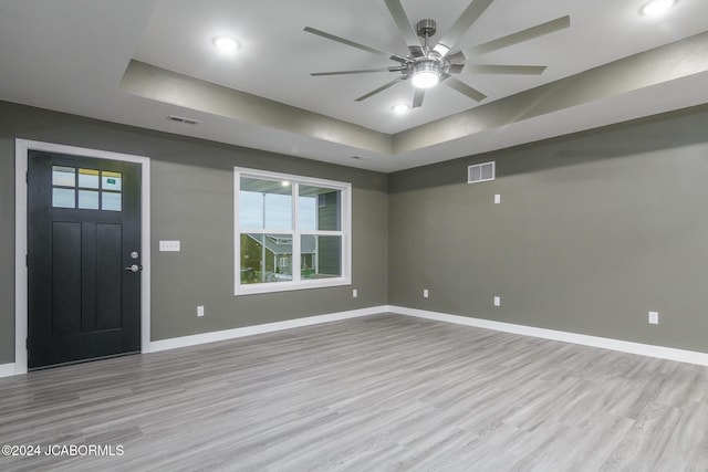 foyer entrance featuring a raised ceiling, a wealth of natural light, and light wood-type flooring