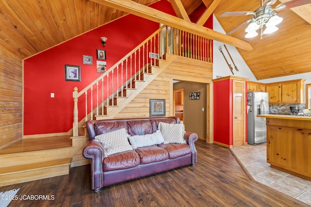 4604 County Rd 115, Fulton, MO 65251 - living room featuring stairs, wood ceiling, a ceiling fan, wood finished floors, and baseboards