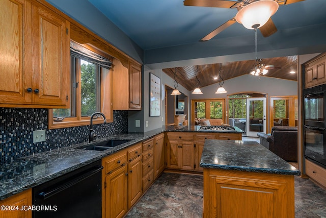 kitchen featuring sink, vaulted ceiling, a kitchen island, black appliances, and wood ceiling