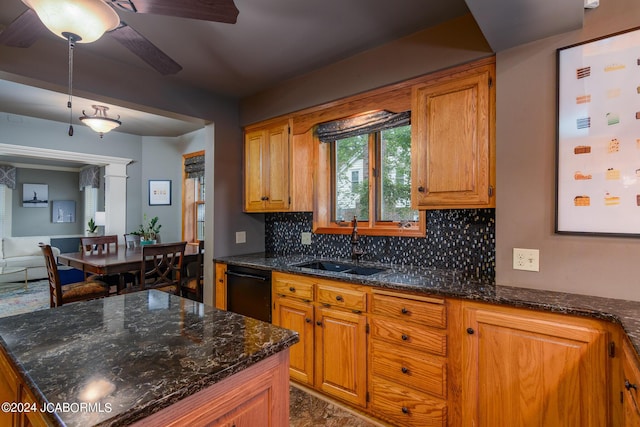 kitchen with dishwasher, tasteful backsplash, dark stone counters, ceiling fan, and sink