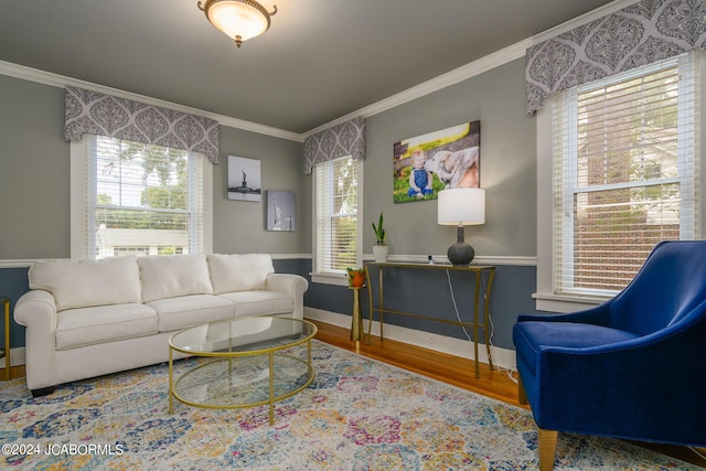 living room with ornamental molding, hardwood / wood-style floors, and a wealth of natural light