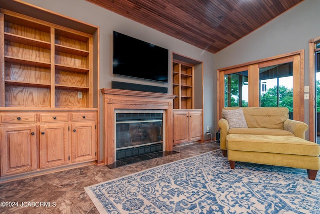 living room featuring wood ceiling, built in features, and vaulted ceiling