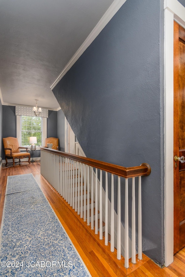 hallway featuring hardwood / wood-style flooring, crown molding, and a chandelier