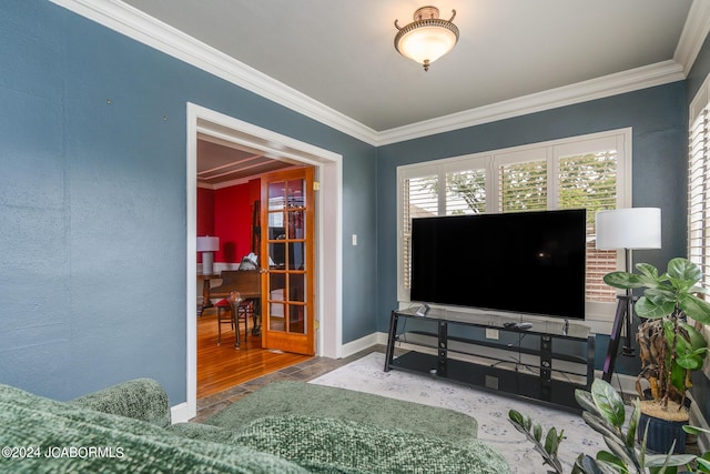 living room with ornamental molding