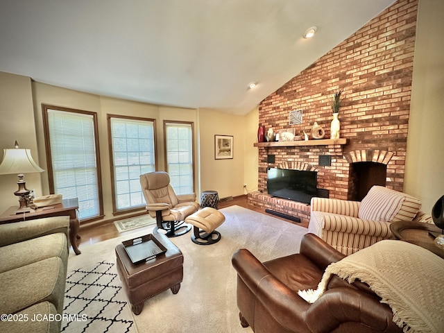 12566 Country View Dr, Tebbetts, MO 65080 - living room featuring lofted ceiling and a brick fireplace