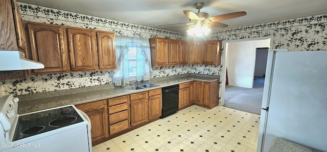 kitchen with light floors, exhaust hood, white appliances, a ceiling fan, and a sink