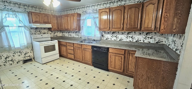 kitchen featuring light floors, a sink, under cabinet range hood, dishwasher, and white range with electric stovetop