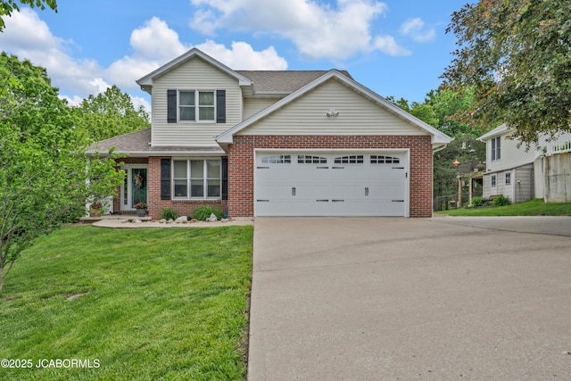 1505 Independence Dr, Jefferson City, MO 65109 - traditional-style home featuring driveway, brick siding, roof with shingles, a front lawn, and a garage