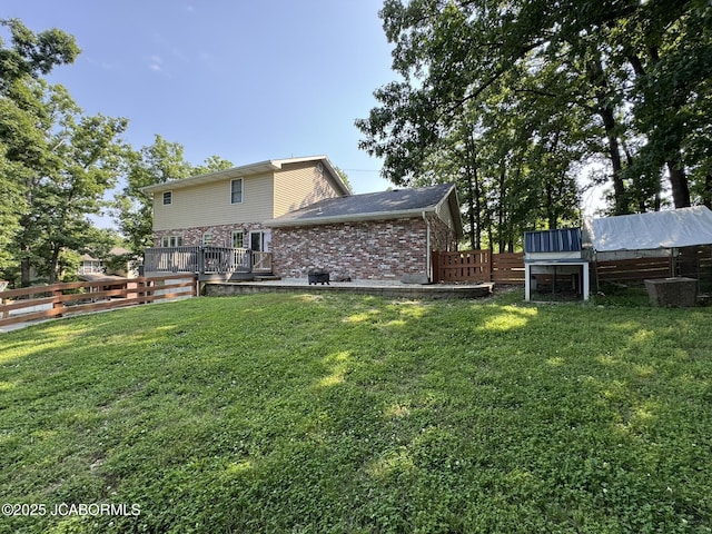128 Don Dr, Linn, MO 65051 - back of house featuring a fenced backyard, a deck, and brick siding